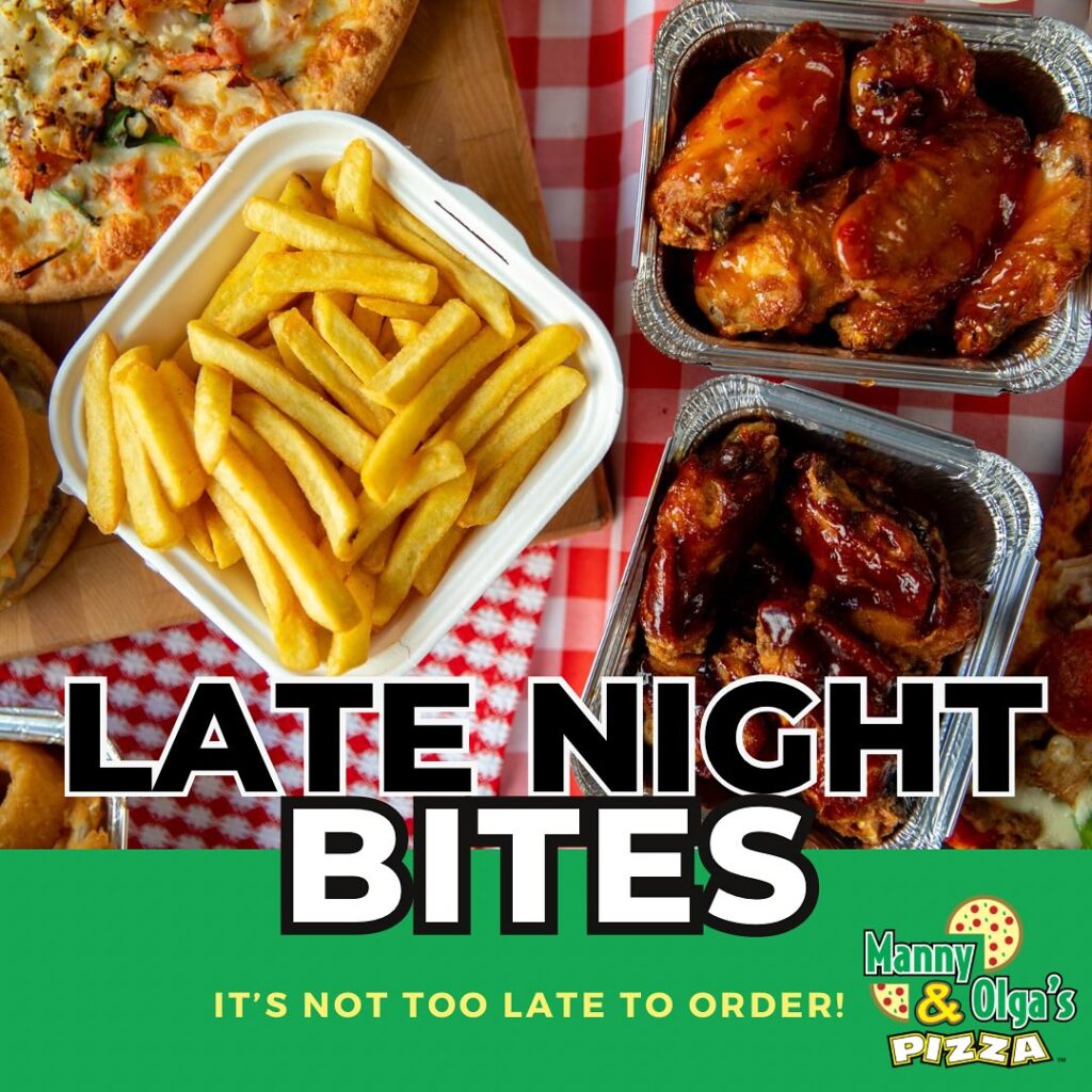 Delicious appetizers on a red-checkered tablecloth with a bold headline “Late Night Bites” and the Manny & Olga’s logo.