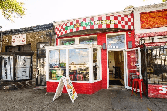 The storefront of Manny & Olga's Pizza The storefront of Manny & Olga's Pizza, a popular Silver Spring Pizza location.