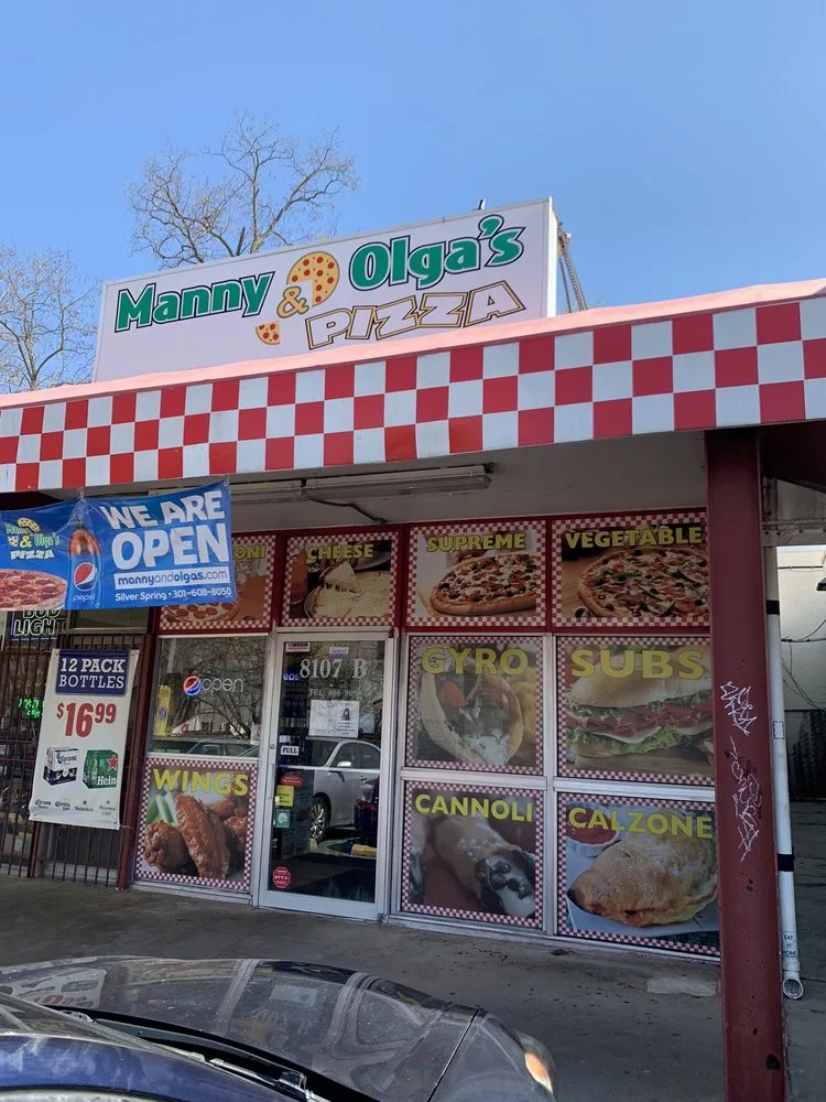 Exterior of Manny & Olga’s pizza restaurant in Silver Spring.