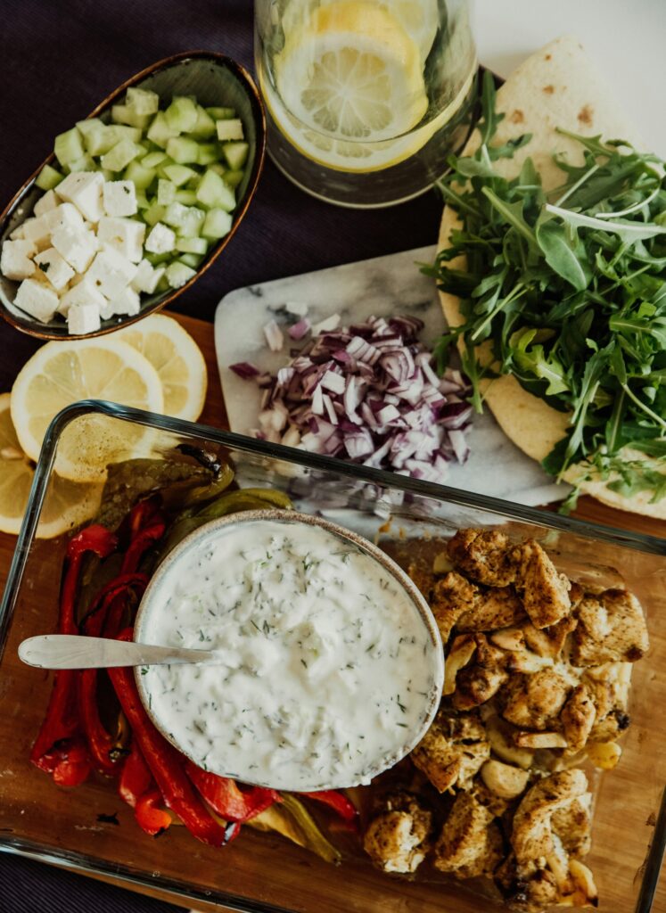 Flat-lay shot of Greek cuisine.