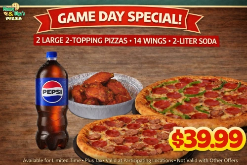 Manny & Olga’s Game Day Special featuring two pizzas, wings, and a 2-liter drink displayed on a promotional banner.