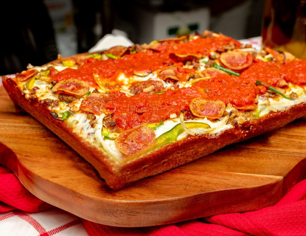 Manny and Olga’s Detroit supreme pizza with pepperoni, peppers, onions, and red sauce.