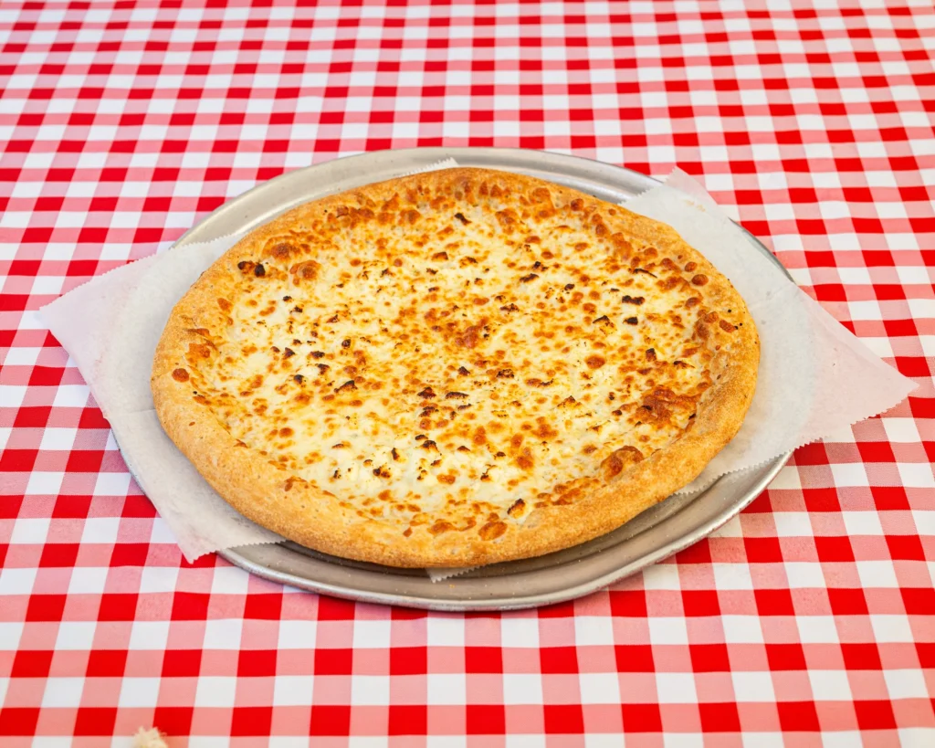 Manny & Olga’s cheese pizza with a golden crust served on a metal tray.