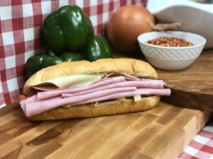 Italian cold cut sub with deli meats and cheese from Manny & Olga’s Pizza